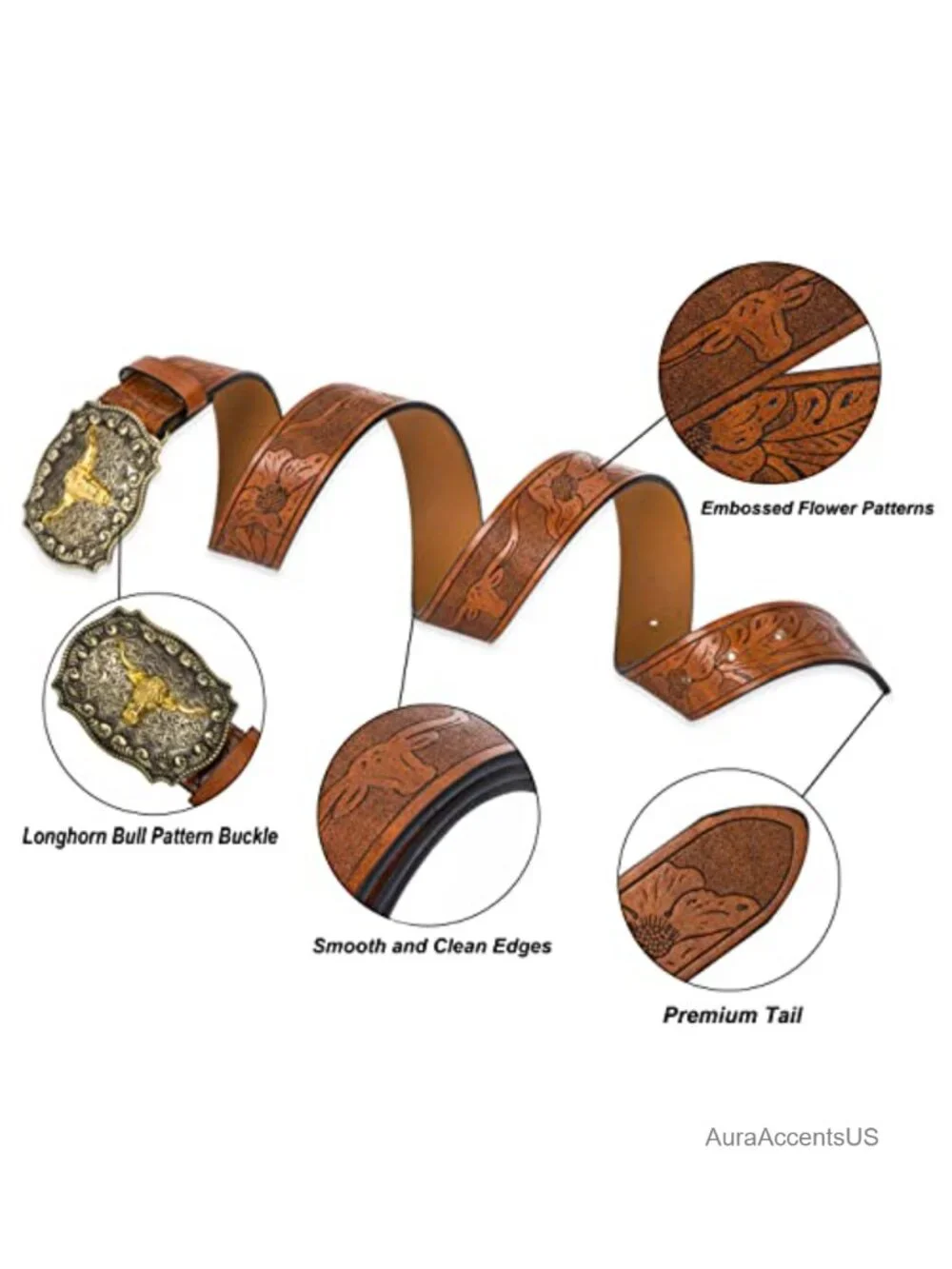 Women PU-Leather Cowboy Belt Embossed Floral Buckle Western Belts Unisex